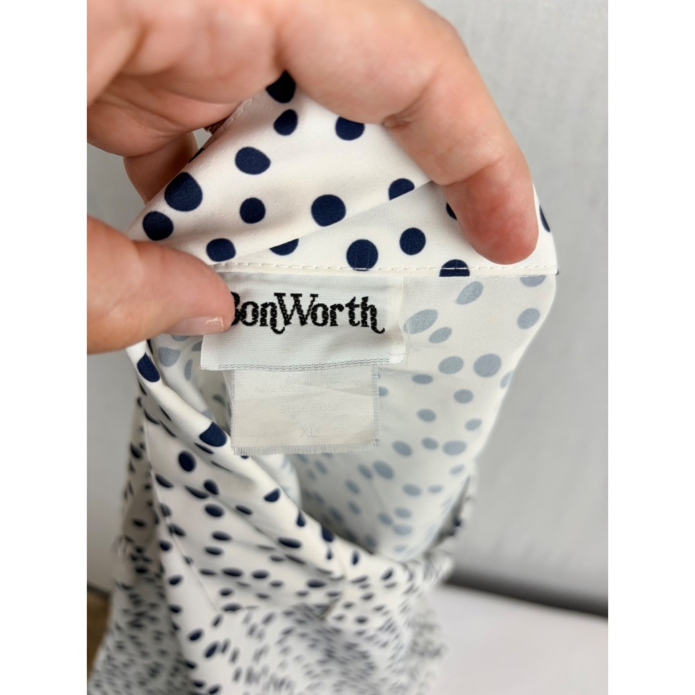 Polka Dot Button Down Short Sleeve Camp Collar Shirt White Navy Blue Blouse - Picture 10 of 13